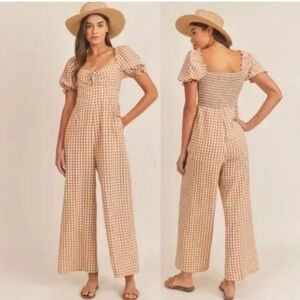 Mable Amaya Gingham Plaid Puff Short Sleeve Jumpsuit in Cognac